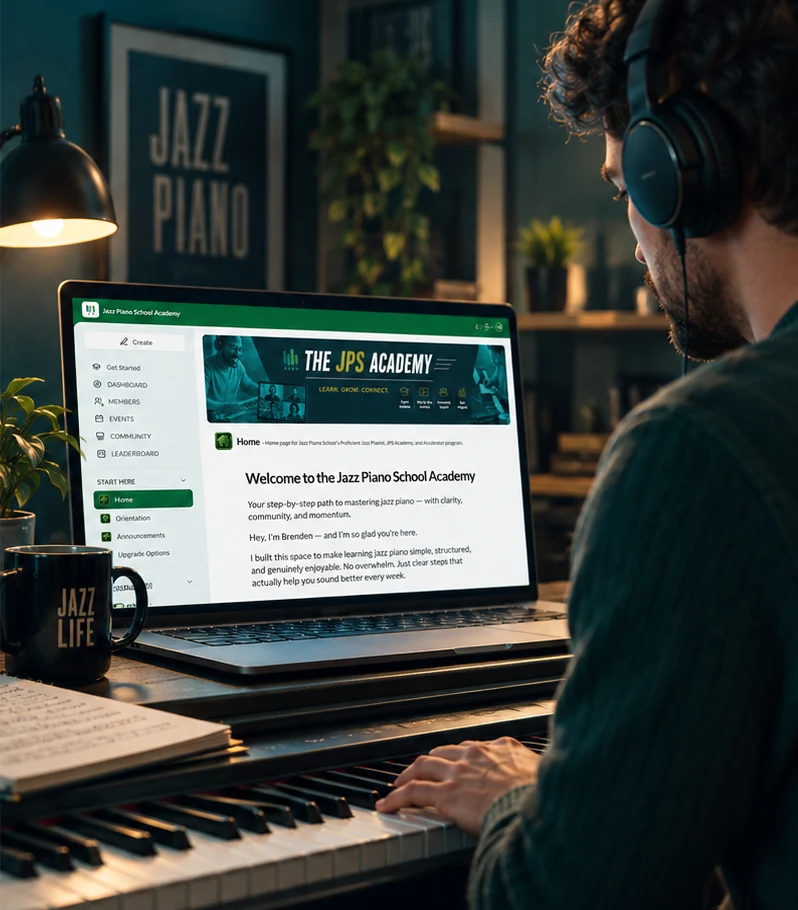 Jazz pianist at a keyboard with a laptop displaying the JPS Academy learning environment